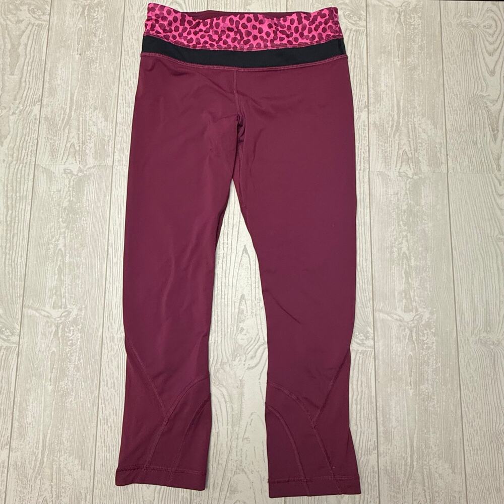 Lululemon Womens Size 4 Crop Leggings Burgundy Pink Leopard Running Yoga Pants